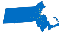 A map of Massachusetts with yellow stars where member libraries are located.